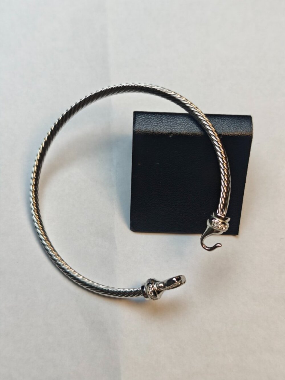 Twisted Cable Hook Clasp Bangle Bracelet Pave Crystal Accents Silver Tone